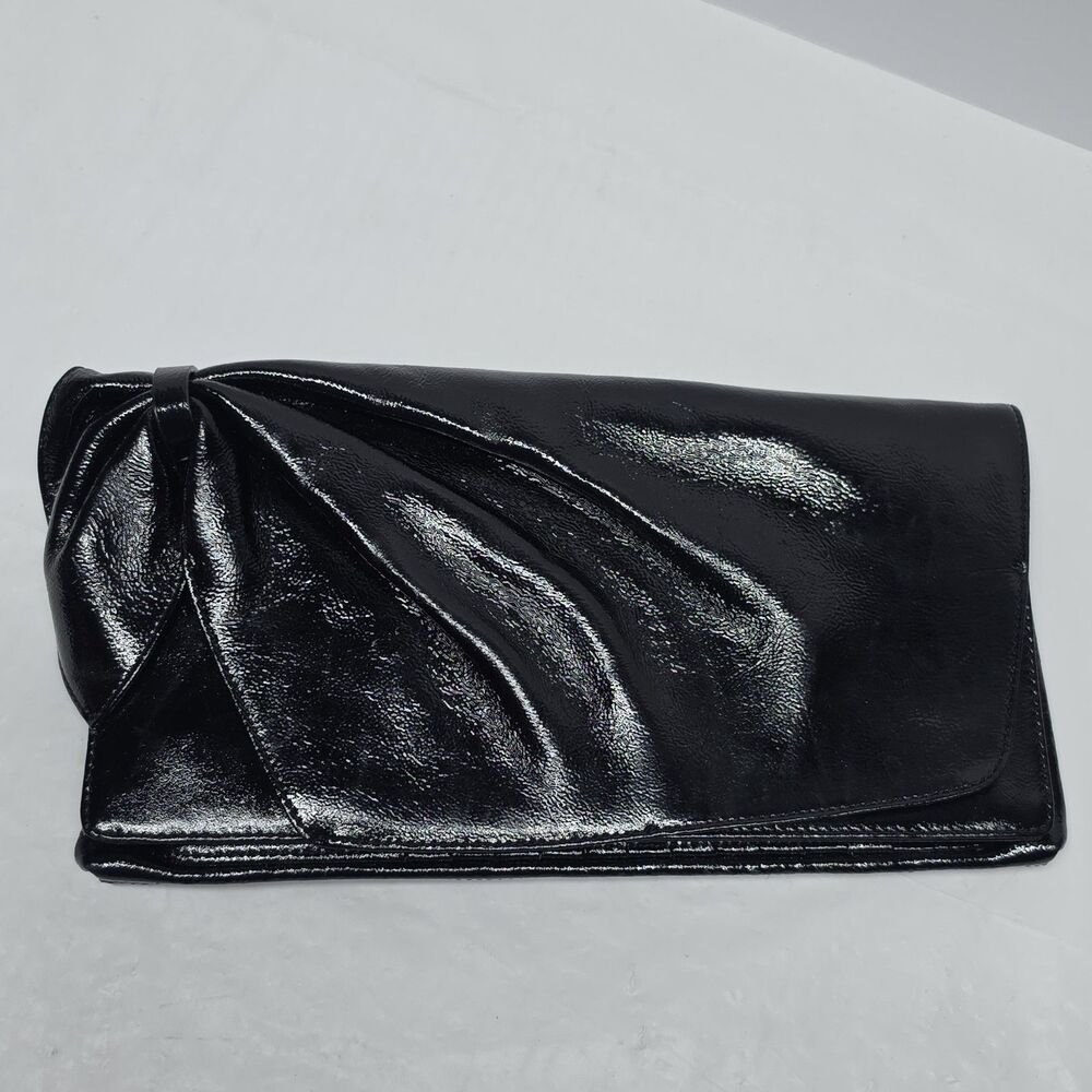 Nordstrom Black Patent Leather Evening Clutch Half Bow Accent Party Formal Prom
